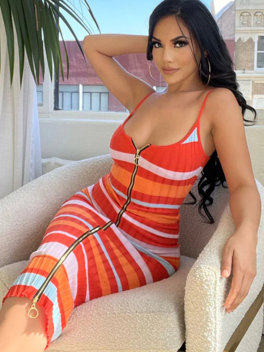 Fashion Nova Striped Sweater Midi Dress Orange Two Way Zip V Neck XL NWOT - Picture 2 of 8